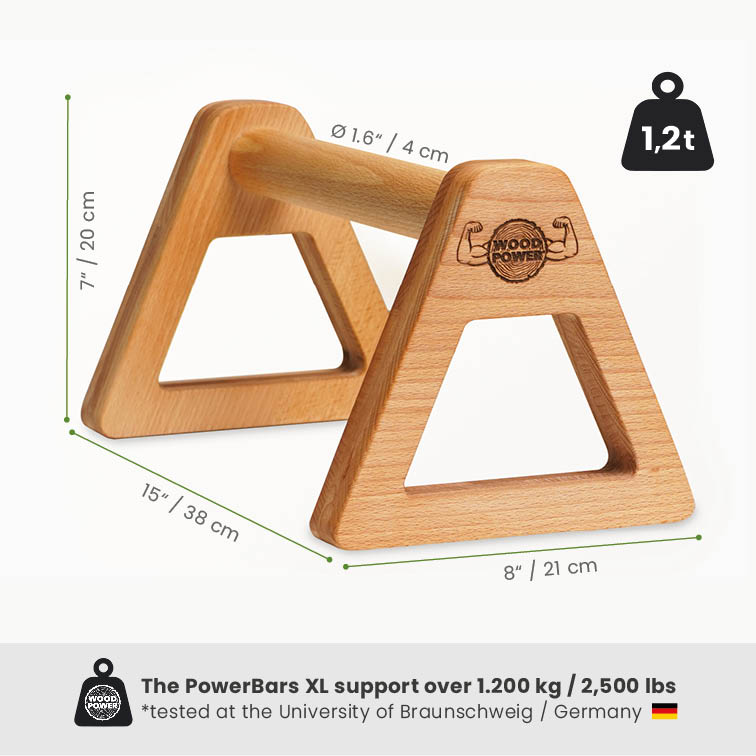 WOODPOWER PowerBars Parallelle pompgrepen van hout, antislip, voor binnen en buiten, voor kallisthenie, lichaamsgewichttraining (XL, bruin WOODPOWER PowerBars Parallelle pompgrepen van hout, antislip, voor binnen en buiten, voor kallisthenie, lichaamsgewichttraining (XL, bruin